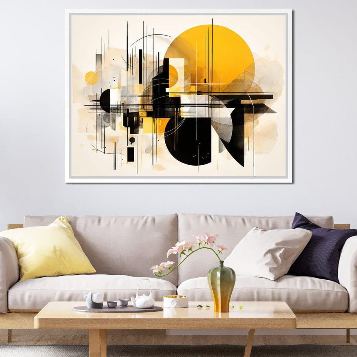 Urban Shadows In Abstract Forms Geometric Wall Art Modern Minimalist Decor Yellow And Black Print By Nichecanvas - Image 3
