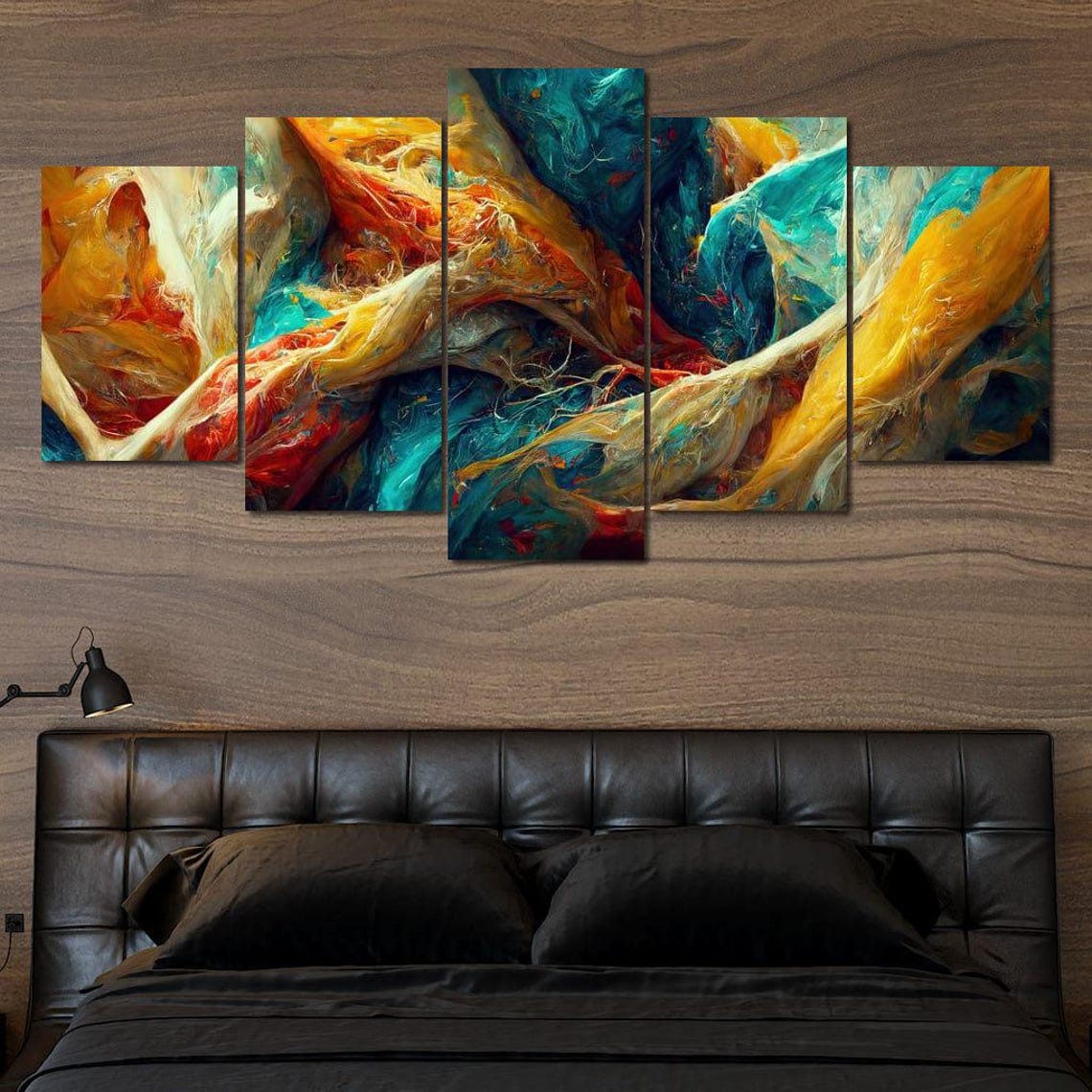 Gold Teal Silk Swirl Waves Five Panel Modern Abstract Wall Art
