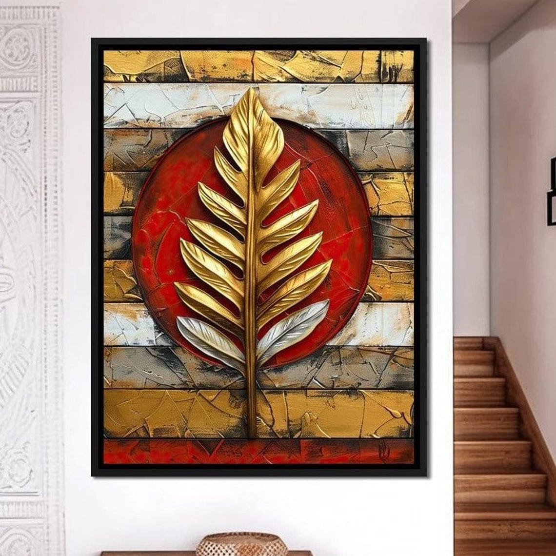 Golden Leaf Red Sun Textured Wood Panel Botanical Abstract Wall Art