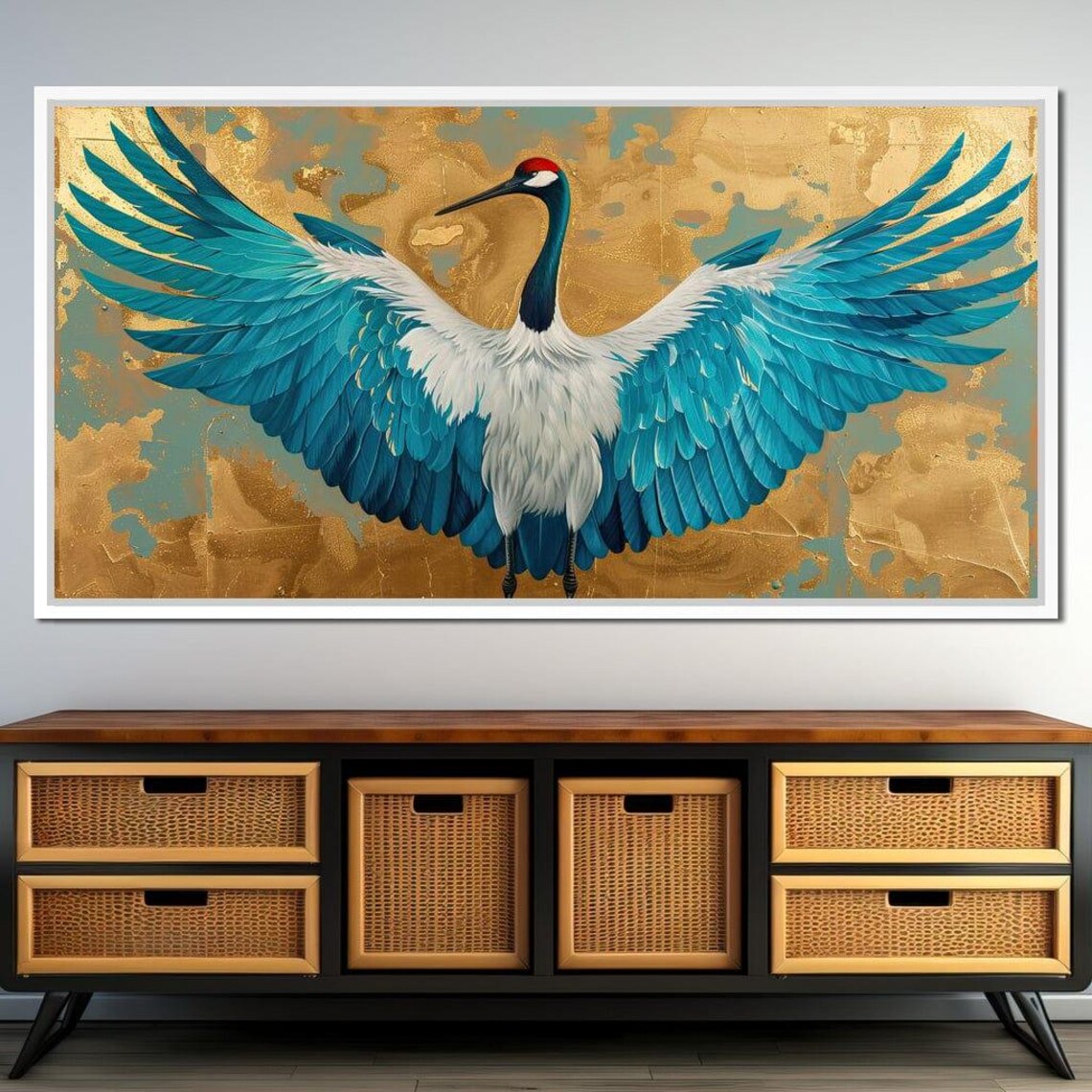 Majestic Crane Turquoise Wings Golden Background Bird Art Poster
