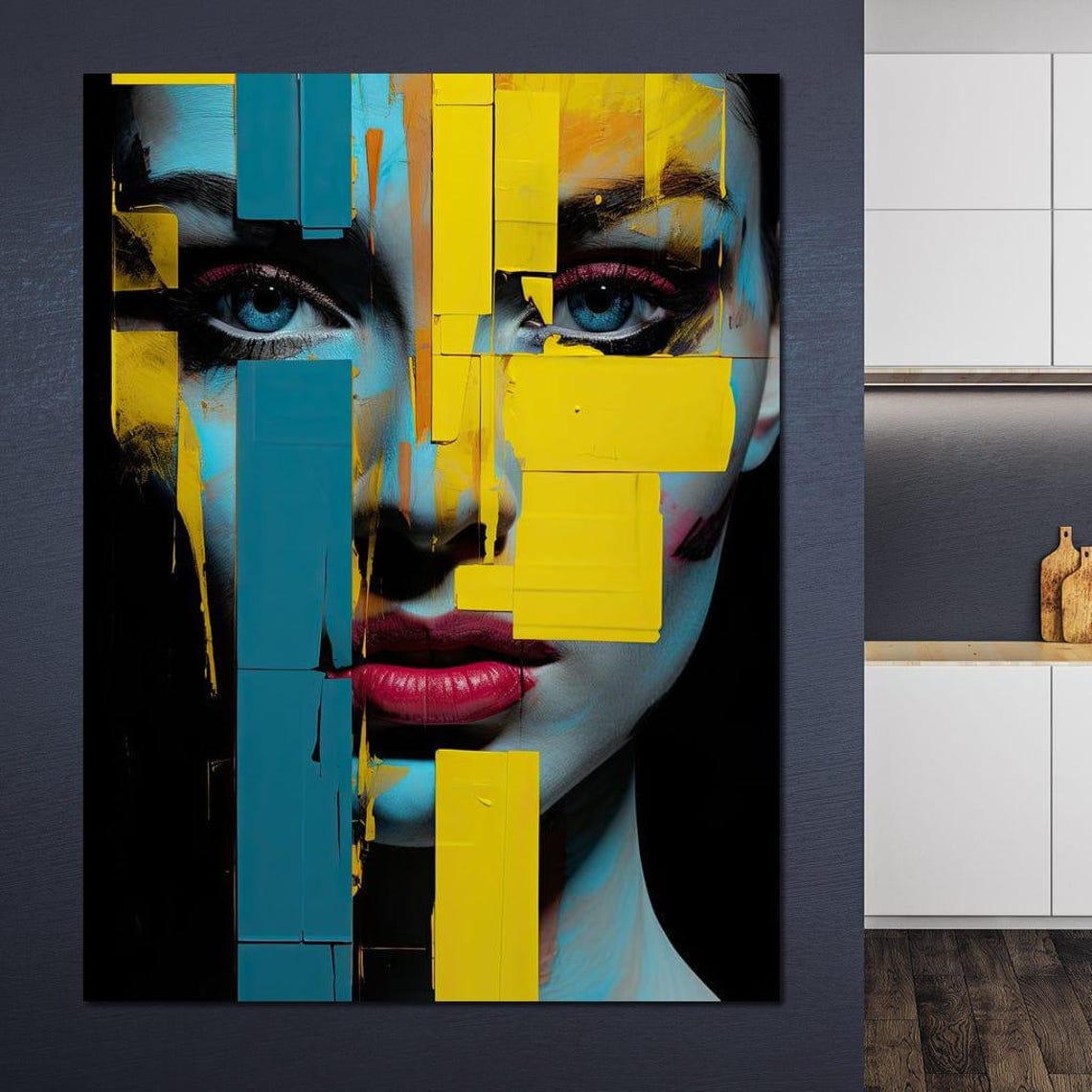 Fragmented Identity Yellow Teal Cubist Face Contemporary Art Print - Image 2