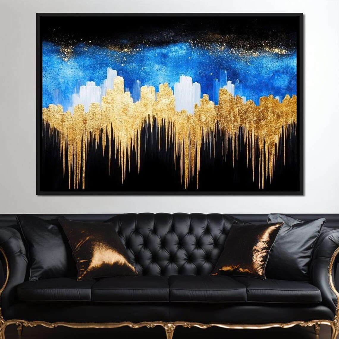 Golden Dripping Skyline Over Blue Starry Night Abstract City Poster - Image 3
