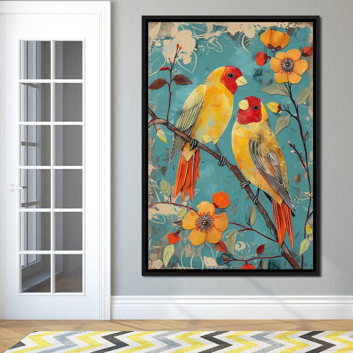 Colorful Red Headed Parrots Pair Teal Floral Bird Art Wall Poster - Image 3