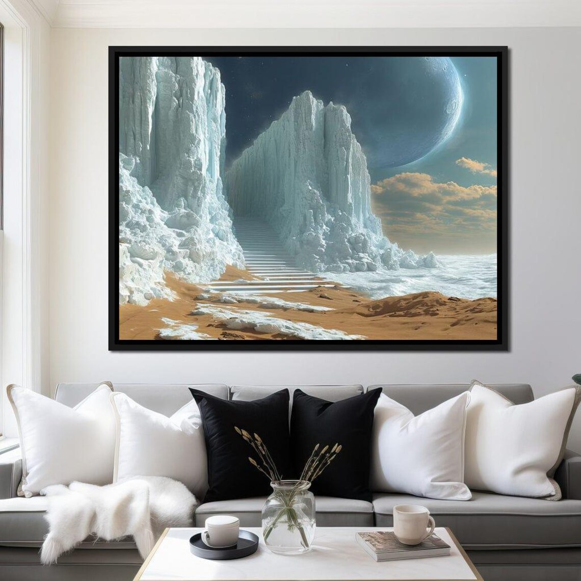 Cosmic Ice Canyon Staircase Moon Planet Fantasy Landscape Wall Art - Image 4