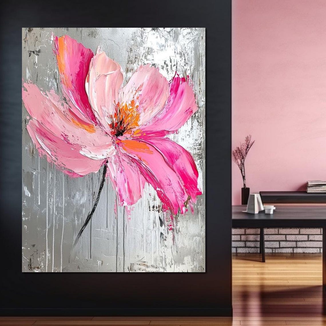 Pink Poppy Flower Gray Textured Modern Botanical Wall Art Poster - Image 2