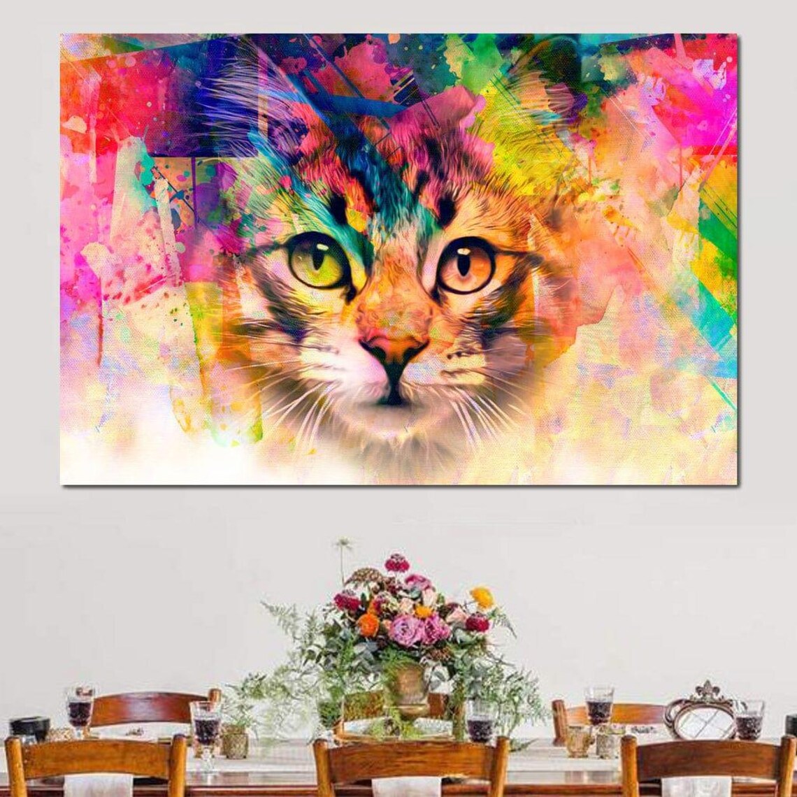 Colorful Rainbow Cat Face Watercolor Abstract Whimsical Feline Wall Art - Image 3