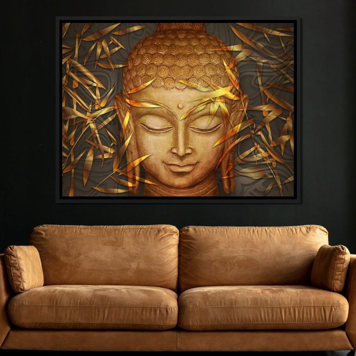 Golden Buddha Face With Bamboo Leaves Serene Zen Meditation Art Poster - Image 2