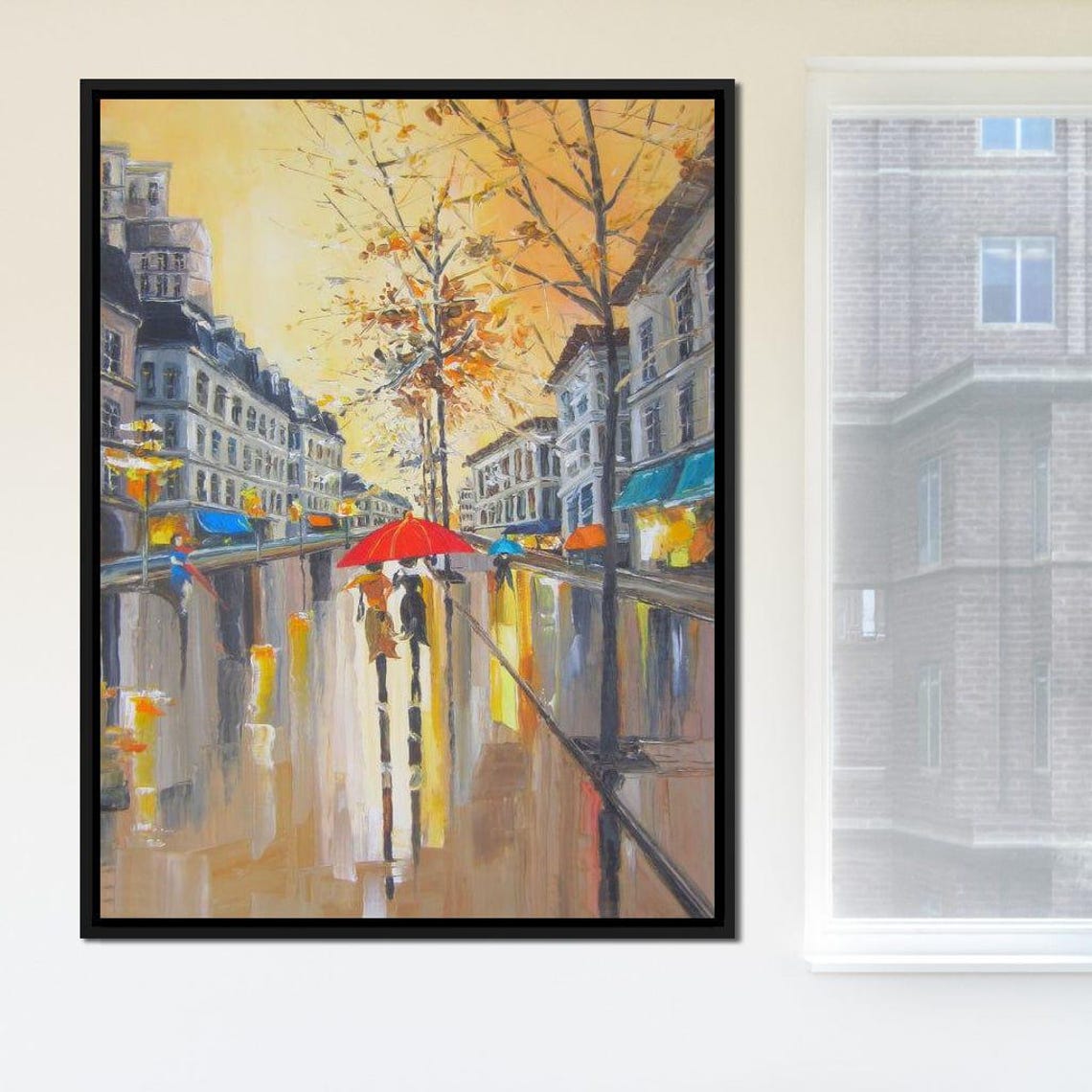 Romantic Rainy Old Town Street Red Umbrella Couple Oil Paint Poster