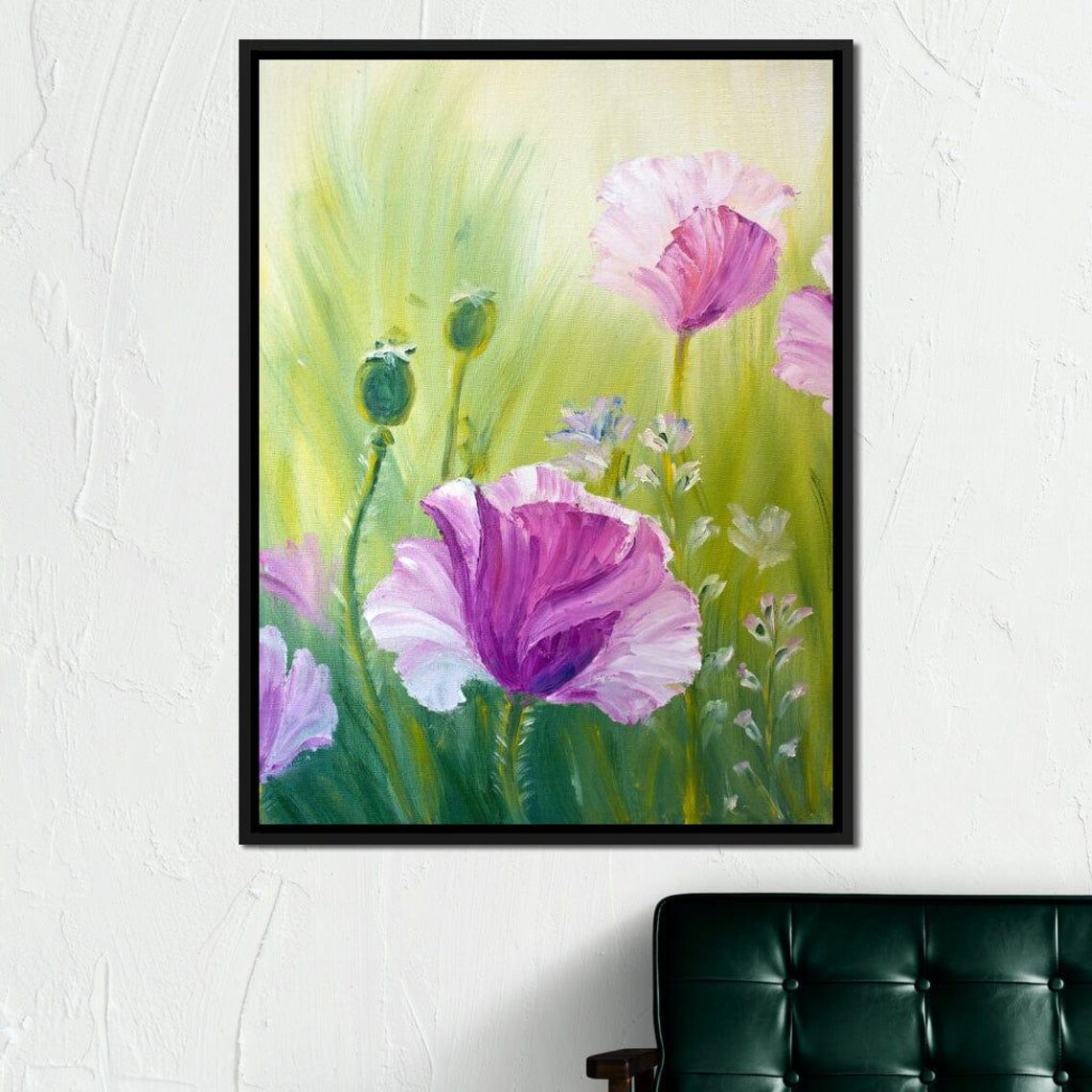 Purple Poppies Meadow Oil Painting Green Floral Wall Art Print