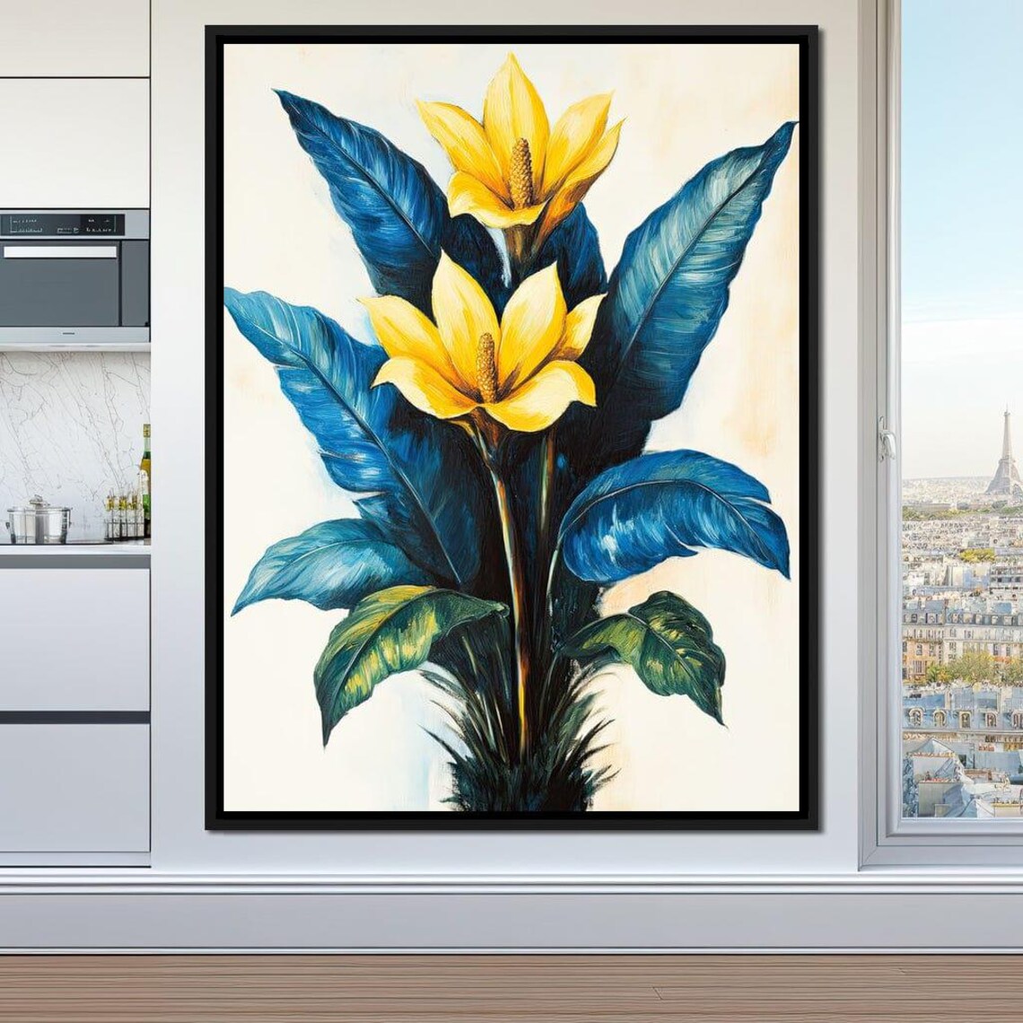 Golden Tropical Blooms With Deep Blue Leaves On White Poster - Image 4