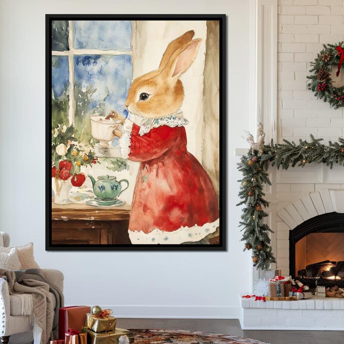 Storybook Rabbit In Red Dress Sipping Tea By Snowy Window Poster - Image 3