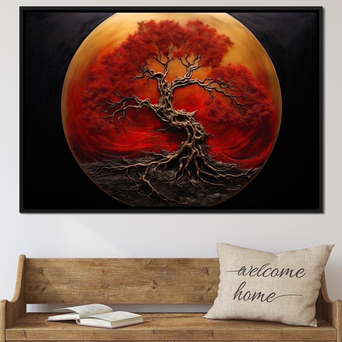 Crimson Red Tree Against Golden Moon Mystical Night Forest Wall Poster - Image 4