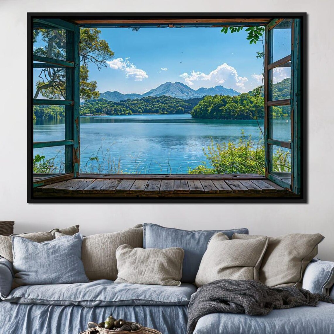 Open Window Mountain Lake View Serene Nature Photography Travel Poster - Image 4
