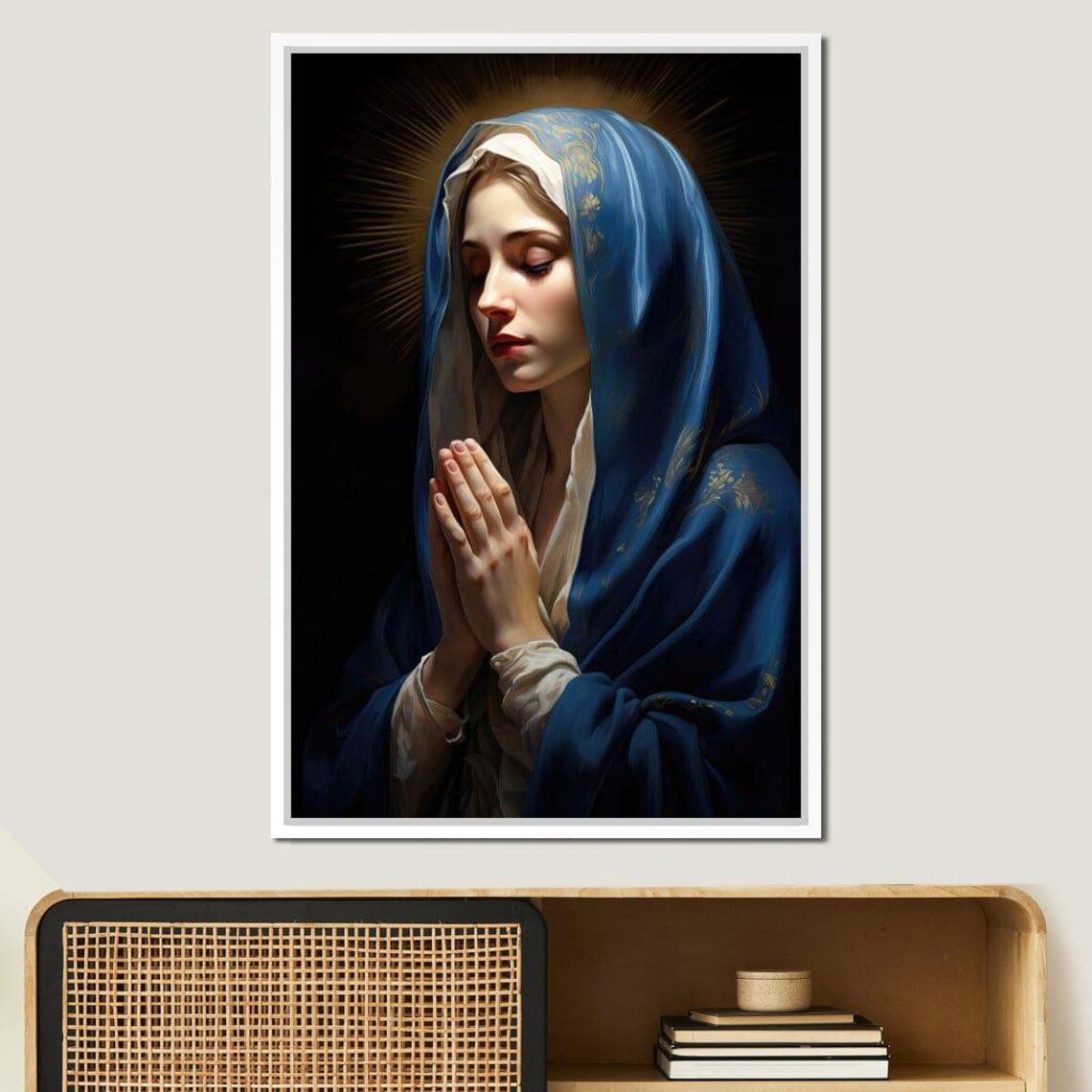 Virgin Mary Praying Blue Veil Halo Ethereal Religious Devotional Art Poster - Image 3