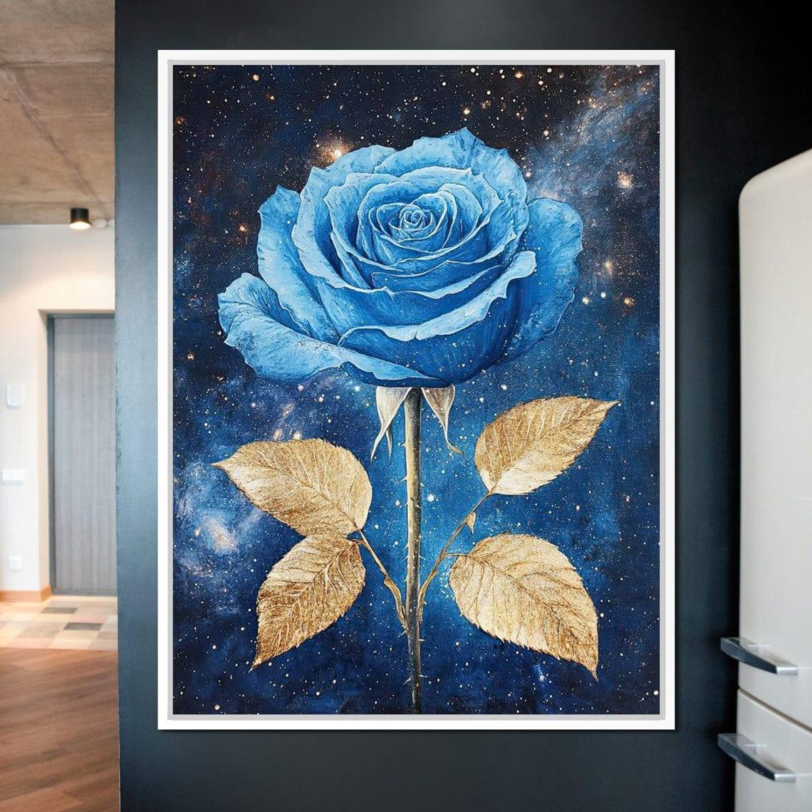 Blue Rose Gold Leaves Galaxy Starry Night Cosmic Botanical Art Poster