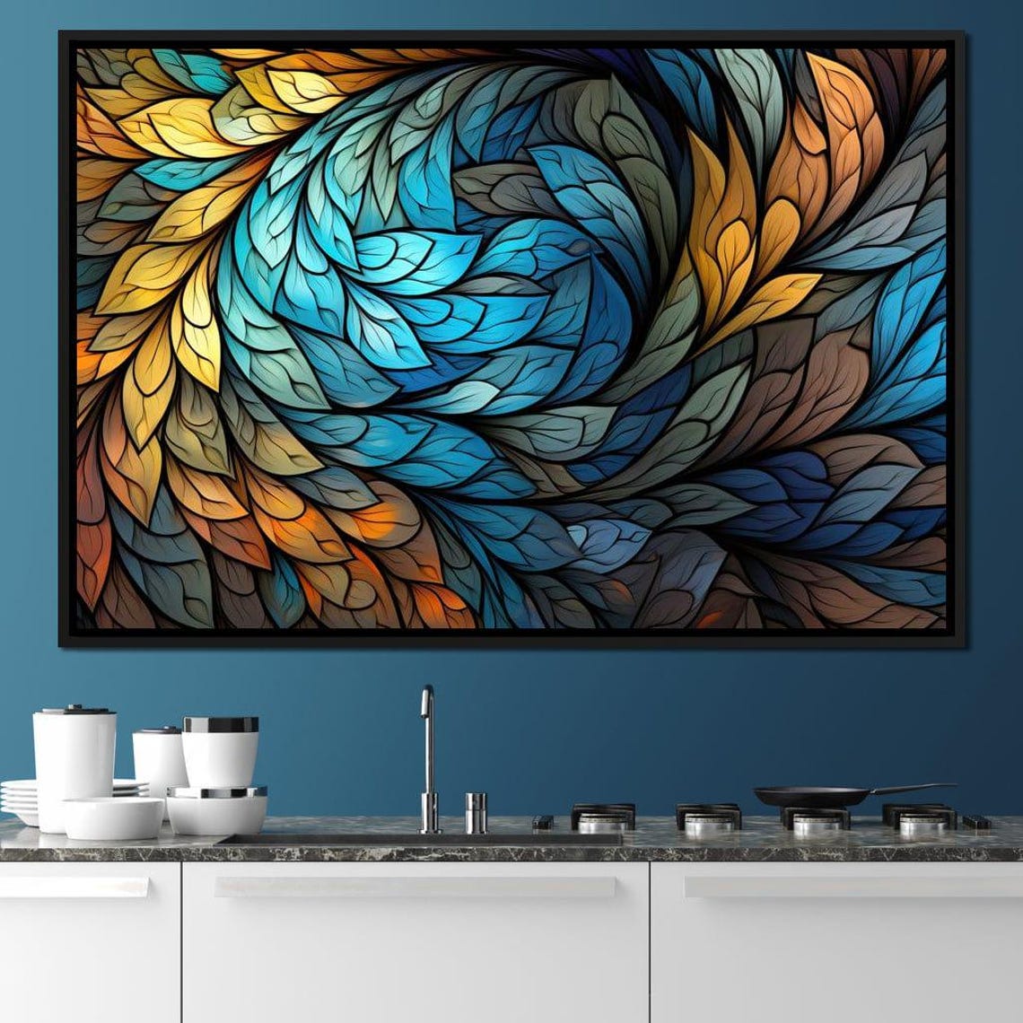 Stained Glass Leafy Swirl Blue Yellow Five Panel Wall Art Poster - Image 3