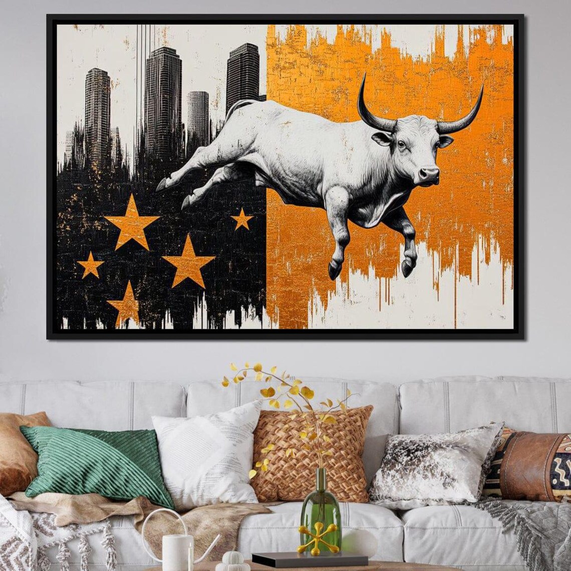 White Bull Leaping Gold Stars Orange Black Abstract Market Wall Art Poster - Image 3