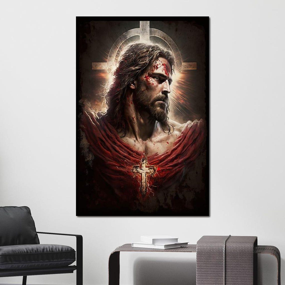 Jesus Christ Dramatic Portrait Halo Cross Sacred Christian Wall Art - Image 4