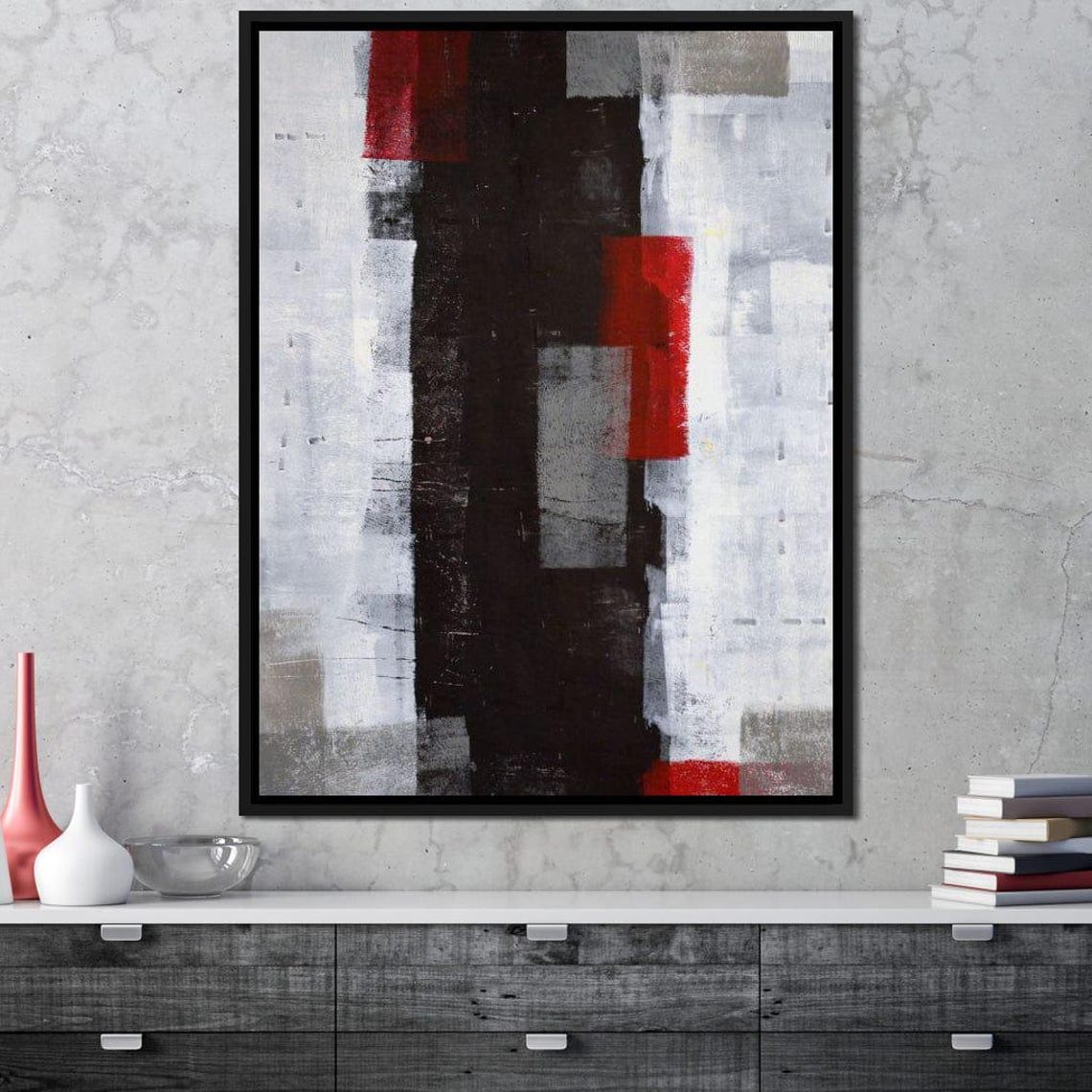 Black White Grey Red Accent Geometric Abstract Framed Wall Art