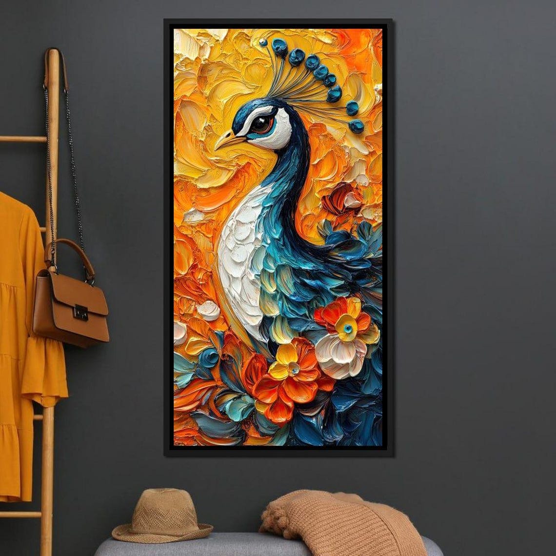Peacock Impasto Vibrant Orange Blue Floral Textured Modern Art Poster - Image 3