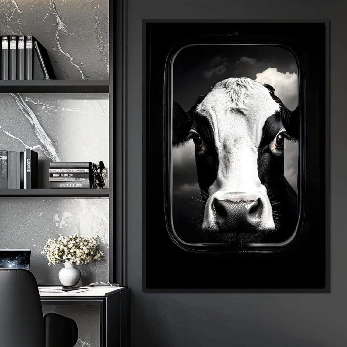 Black White Cow Face Window Monochrome Framed Rustic Wall Art