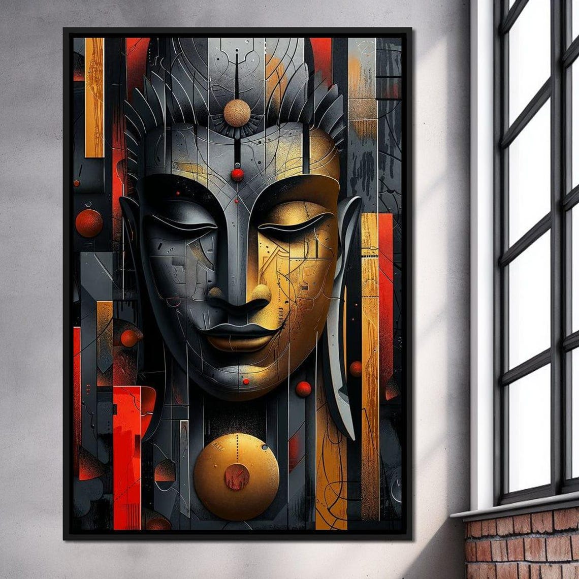 Geometric Buddha Face Gold Red Black Abstract Zen Meditation Wall Art - Image 4