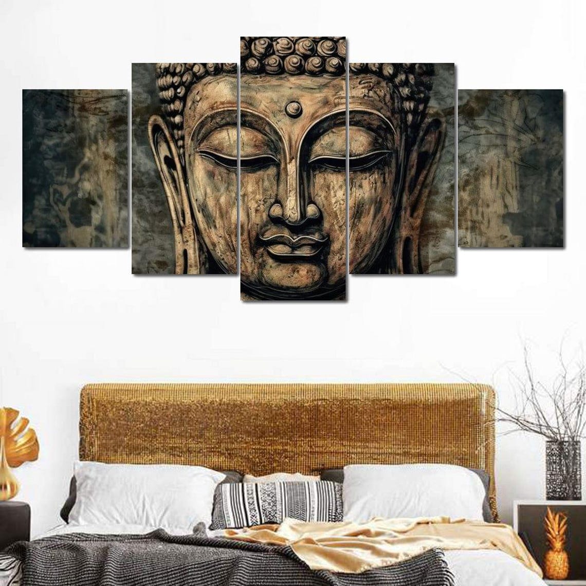 Bronze Buddha Face Serene Stone Texture Zen Meditation Wall Art - Image 4