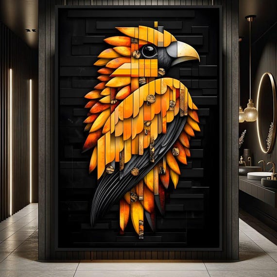 Golden Parrot Geometric Symphony Vibrant Wall Art Colorful Home Decor Symmetrical Tropical Design Modern Style By Nichecanvas