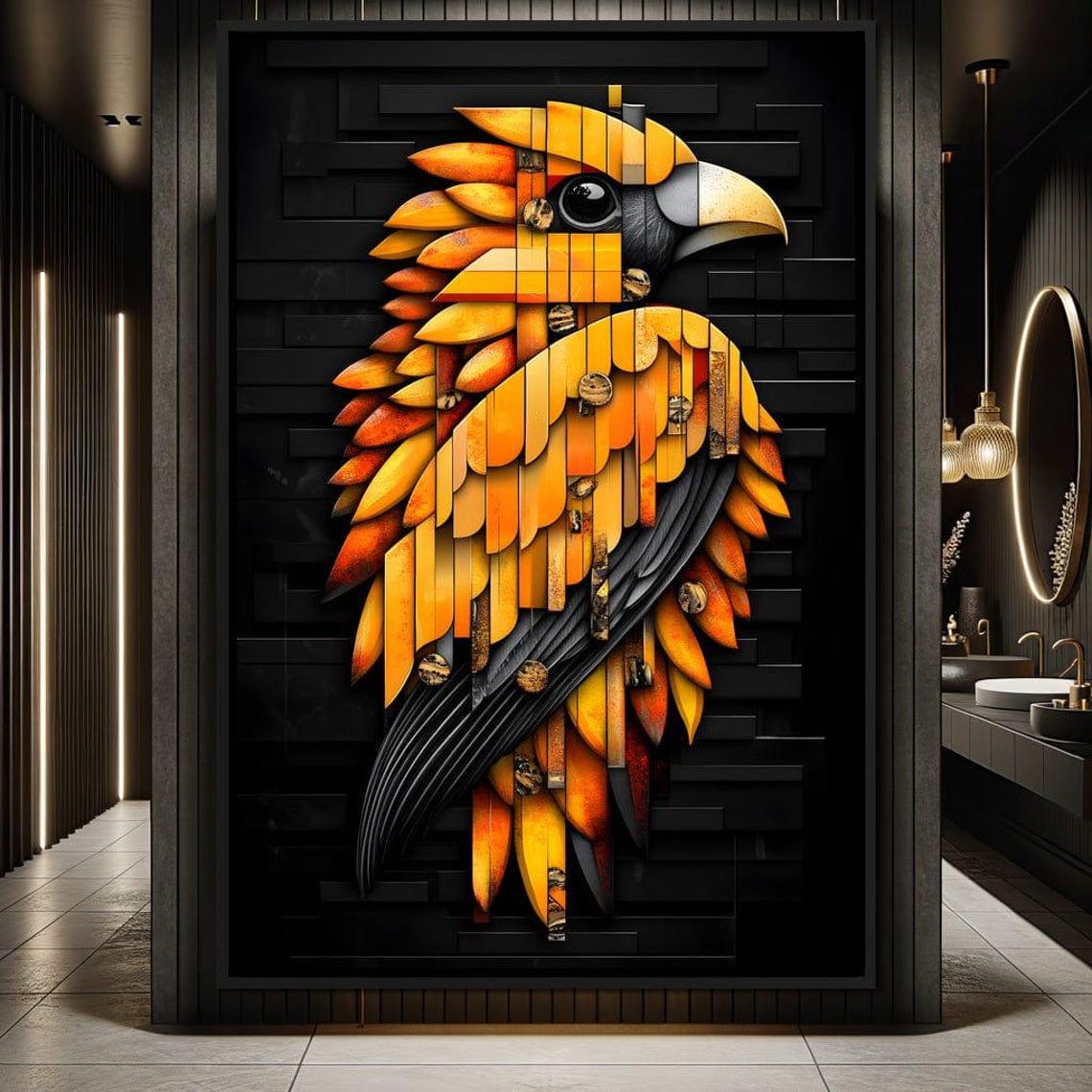 Golden Geometric Parrot Mosaic Tropical Bird Modern Decor Poster