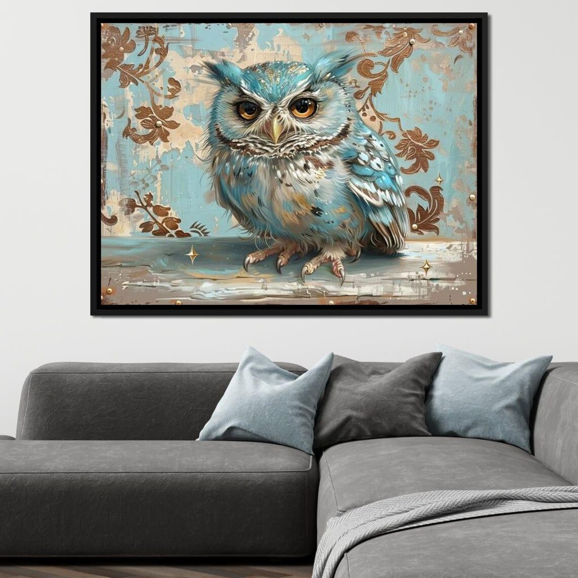 Blue Owl Vintage Teal Floral Wildlife Portrait Whimsical Wall Art - Image 3