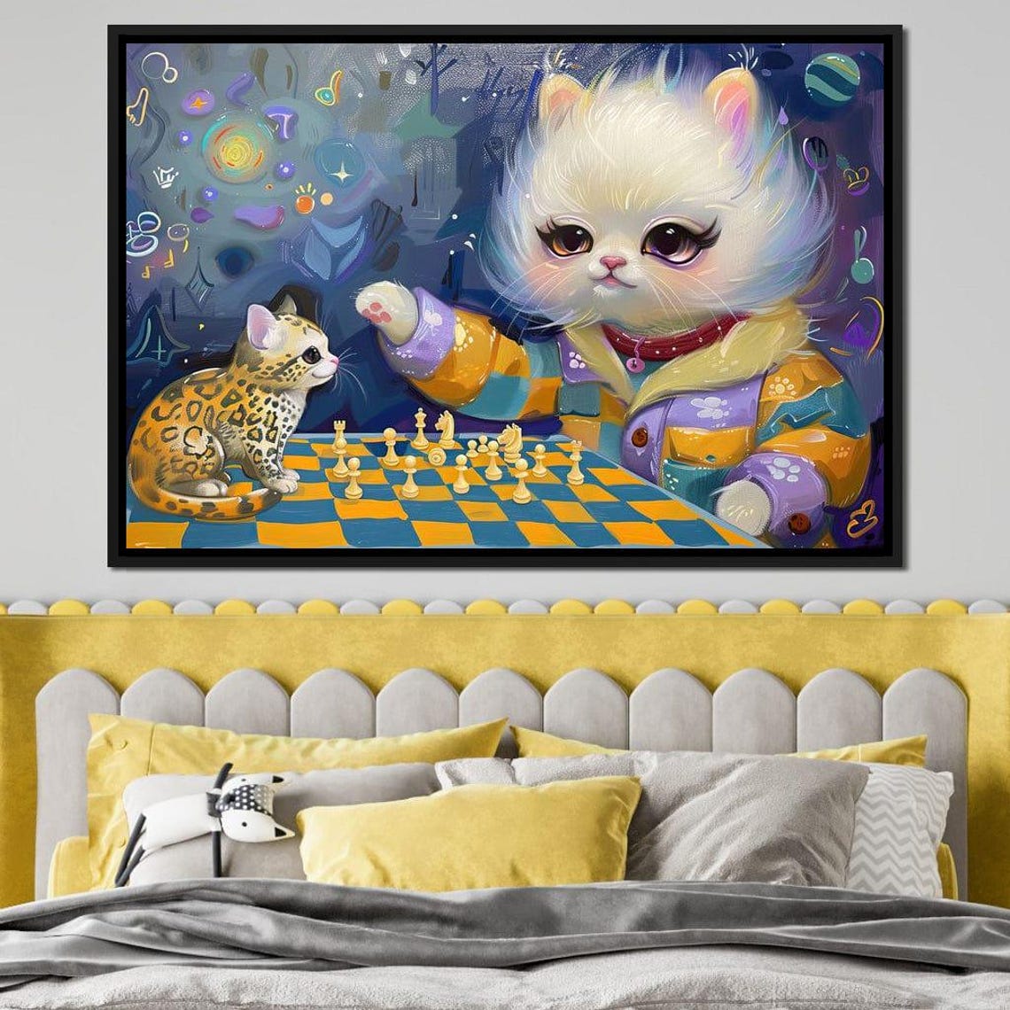 Cats Playing Chess Whimsical Kittens Game Room Kids Room Wall Art - Image 3