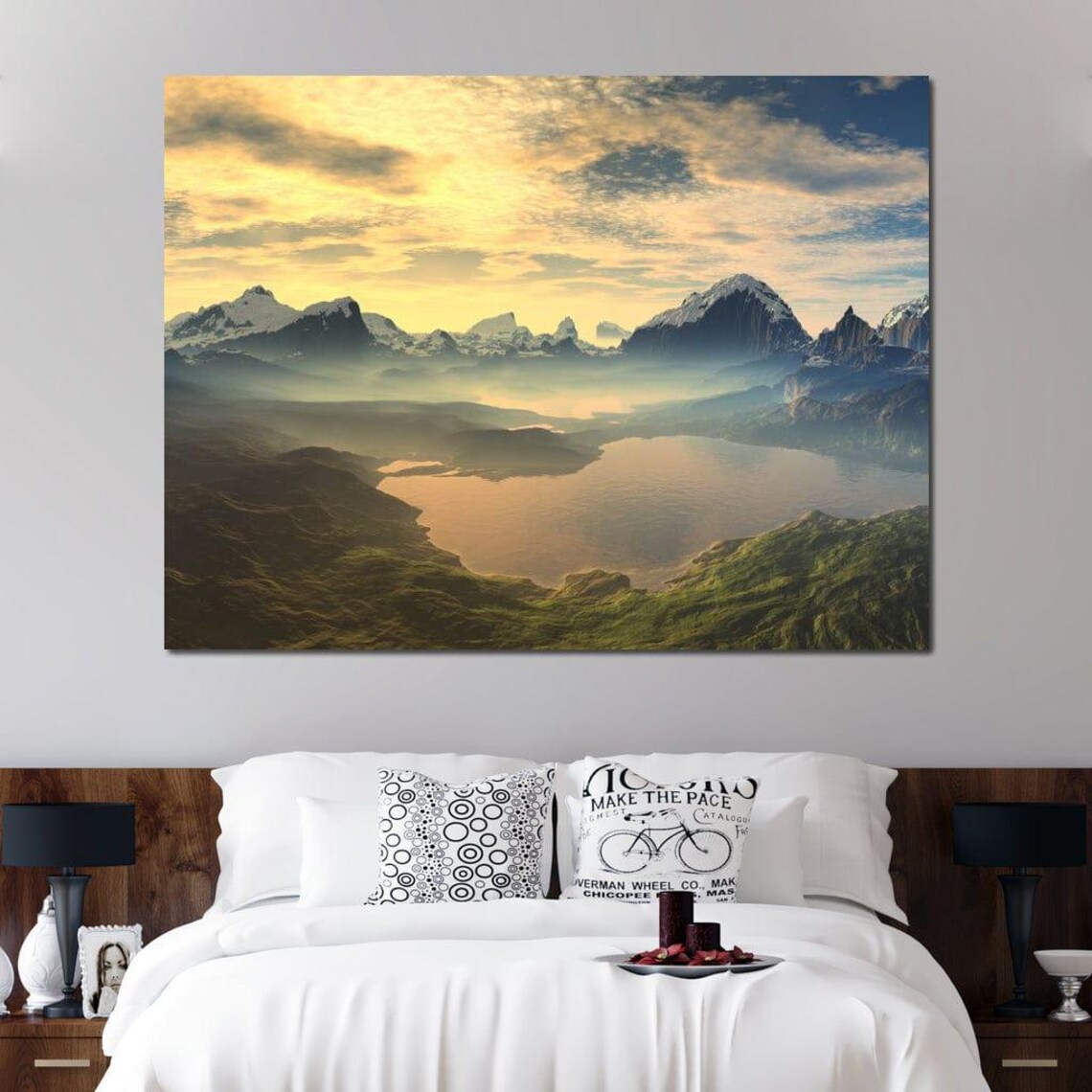 Golden Sunrise Mountain Lake Snow Peaks Misty Landscape Travel Poster - Image 3