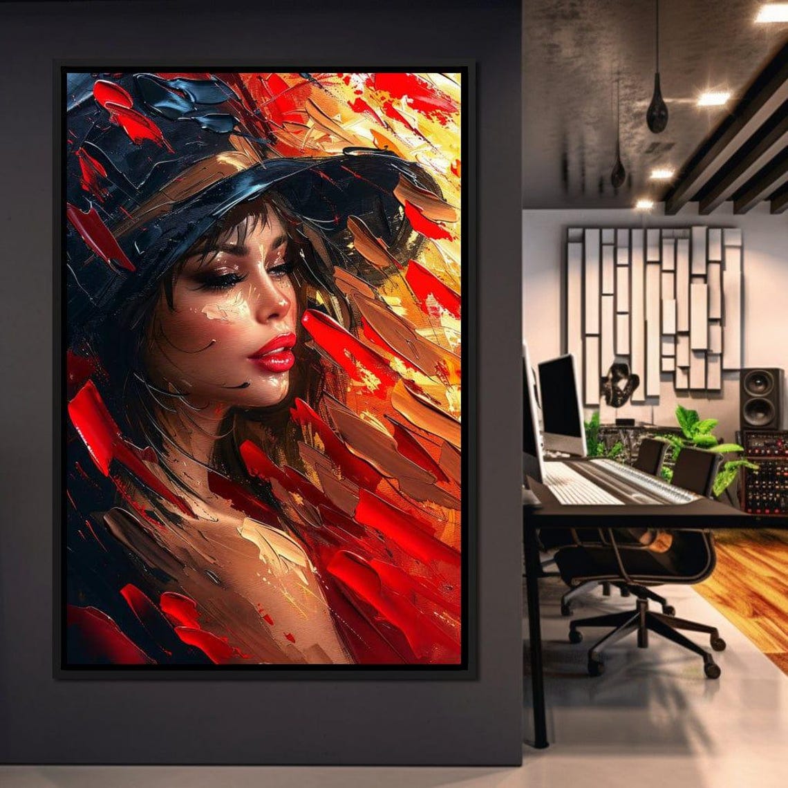 Passion in Red Black Gold Expressive Hat Beauty Portrait Wall Art - Image 3