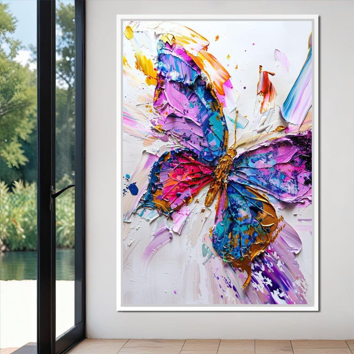 Kaleidoscopic Butterfly Purple Blue Pink Gold Impasto White Wall Art - Image 4