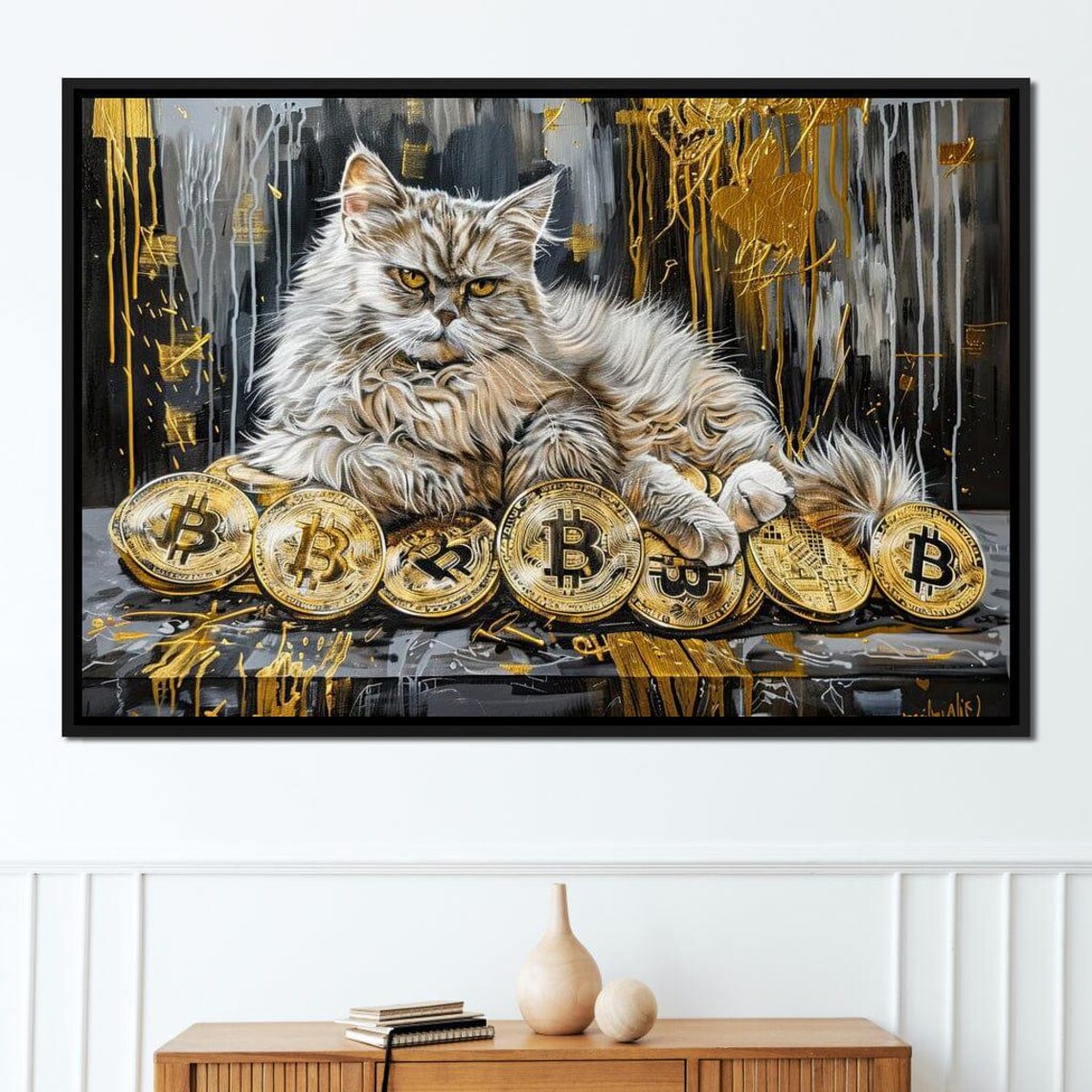 White Fortune Cat Sitting On Bitcoin Gold Coins Luxury Feline Art Print - Image 2