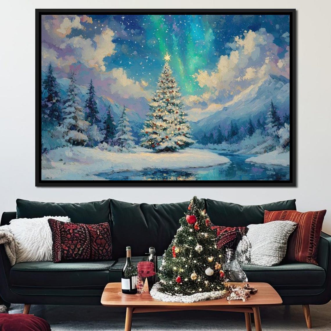 Aurora Over Snowy Christmas Tree Winter River Night Scene Poster - Image 2