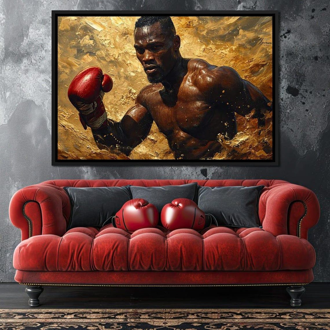 Golden Boxer Fighter Red Glove Dramatic Sports Painting Wall Art - Image 2