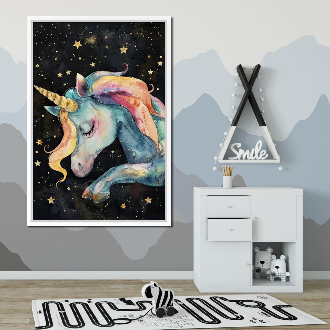 Watercolor Sleeping Unicorn Pastel Dream Starry Night Kids Poster - Image 2