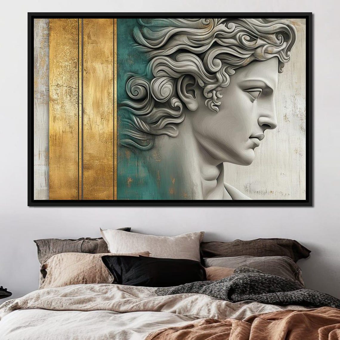 Classical Marble Statue Profile Gold Teal Elegant Greek Wall Art Print