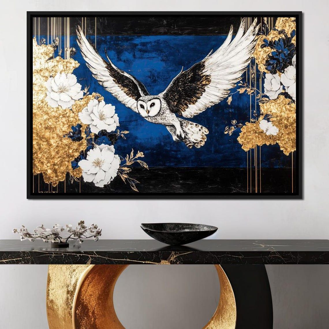 White Barn Owl In Flight Deep Blue Gold Floral Wildlife Art Poster - Image 2