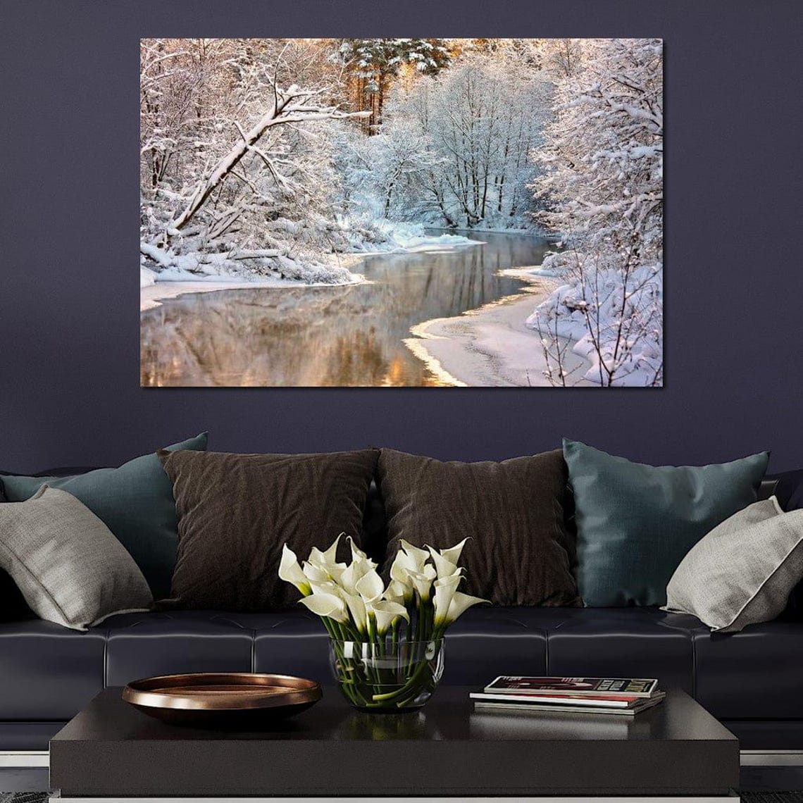Snowy Winter River Forest Landscape Multi Panel Wall Art Poster - Image 3