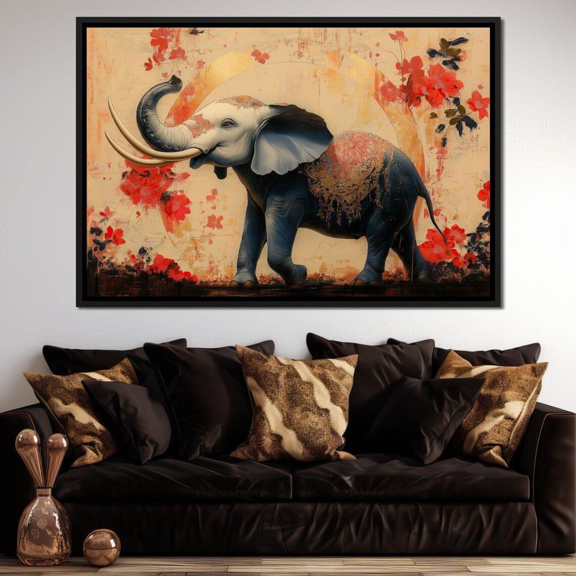 Majestic Elephant Gold Decorated Blue Elephant Red Blossom Wildlife Poster - Image 3