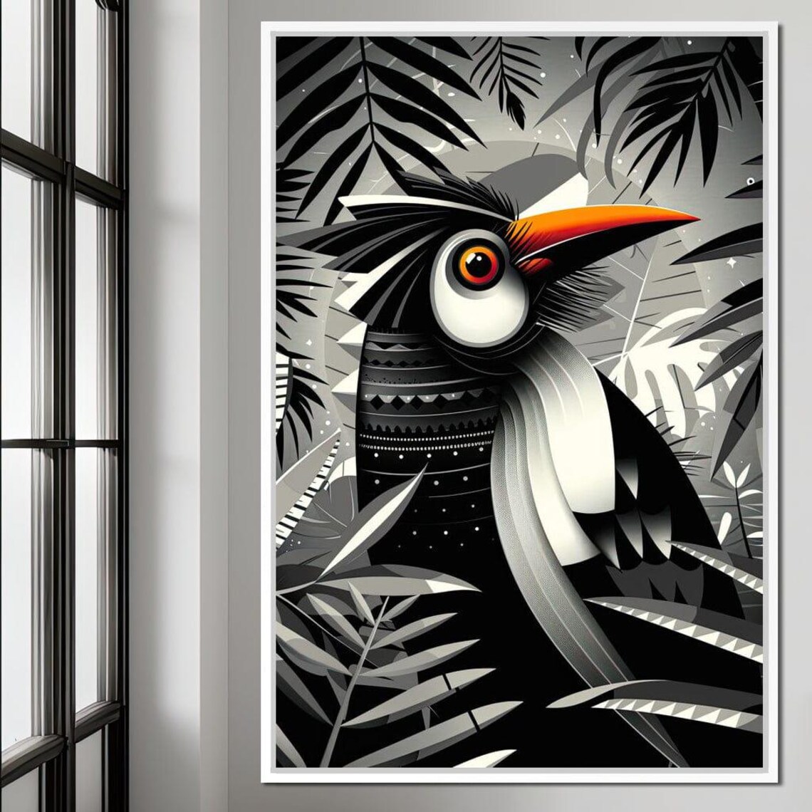 Monochrome Toucan Orange Beak Tribal Geometric Bird Wall Art - Image 2