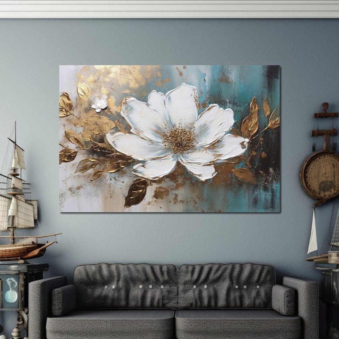 White Magnolia Multi Panel Canvas Flower Gold Teal Abstract Wall Art - Image 2