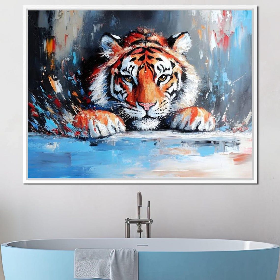 Majestic Tiger Emerging From Abstract Blue Brushstrokes Poster - Image 2