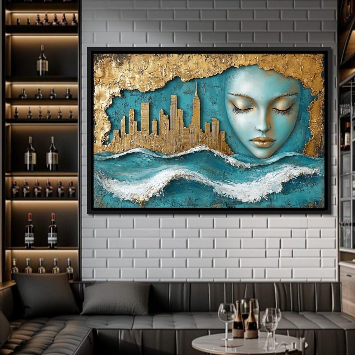 Golden City Skyline Ocean Waves Serene Woman Face Surreal Decor Poster - Image 3