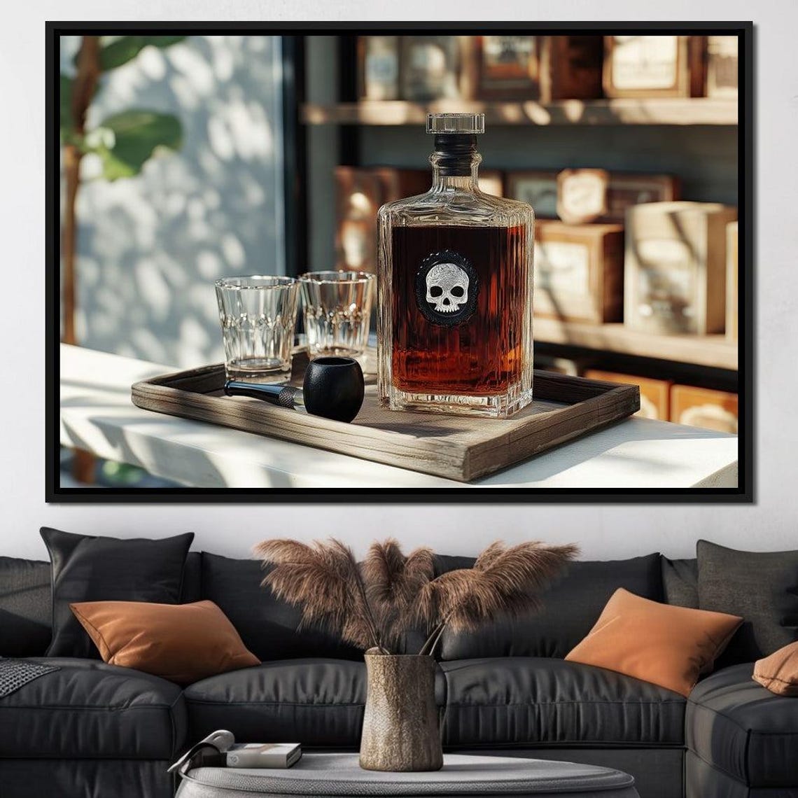 Skull Whiskey Decanter Crystal Glasses Dark Elegant Bar Room Art Print - Image 3