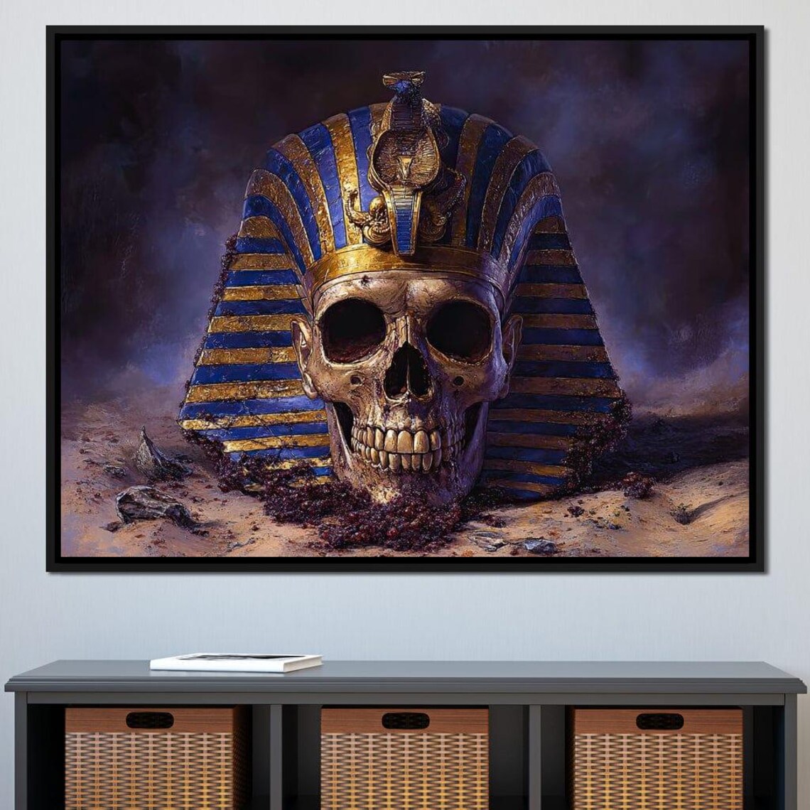 Egyptian Pharaoh Skull in Golden Burial Headdress Dark Poster - Image 3