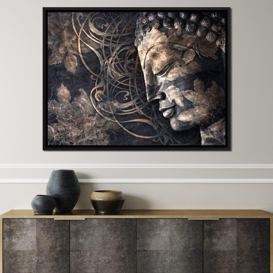 Buddha Serene Profile Bronze Leaf Motifs Dark Zen Wall Art Poster
