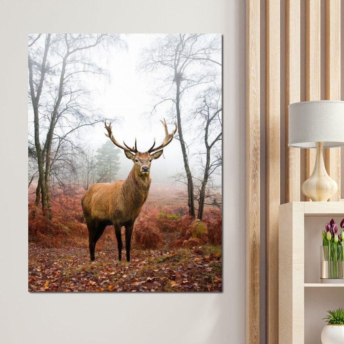 Majestic Red Deer Stag Misty Autumn Forest Wildlife Art Poster - Image 4